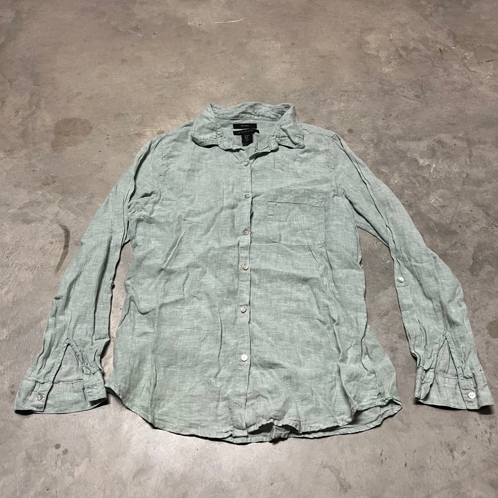 Tahari Womens 100% Linen Button Down Shirt Sage Green Long Sleeve Size M